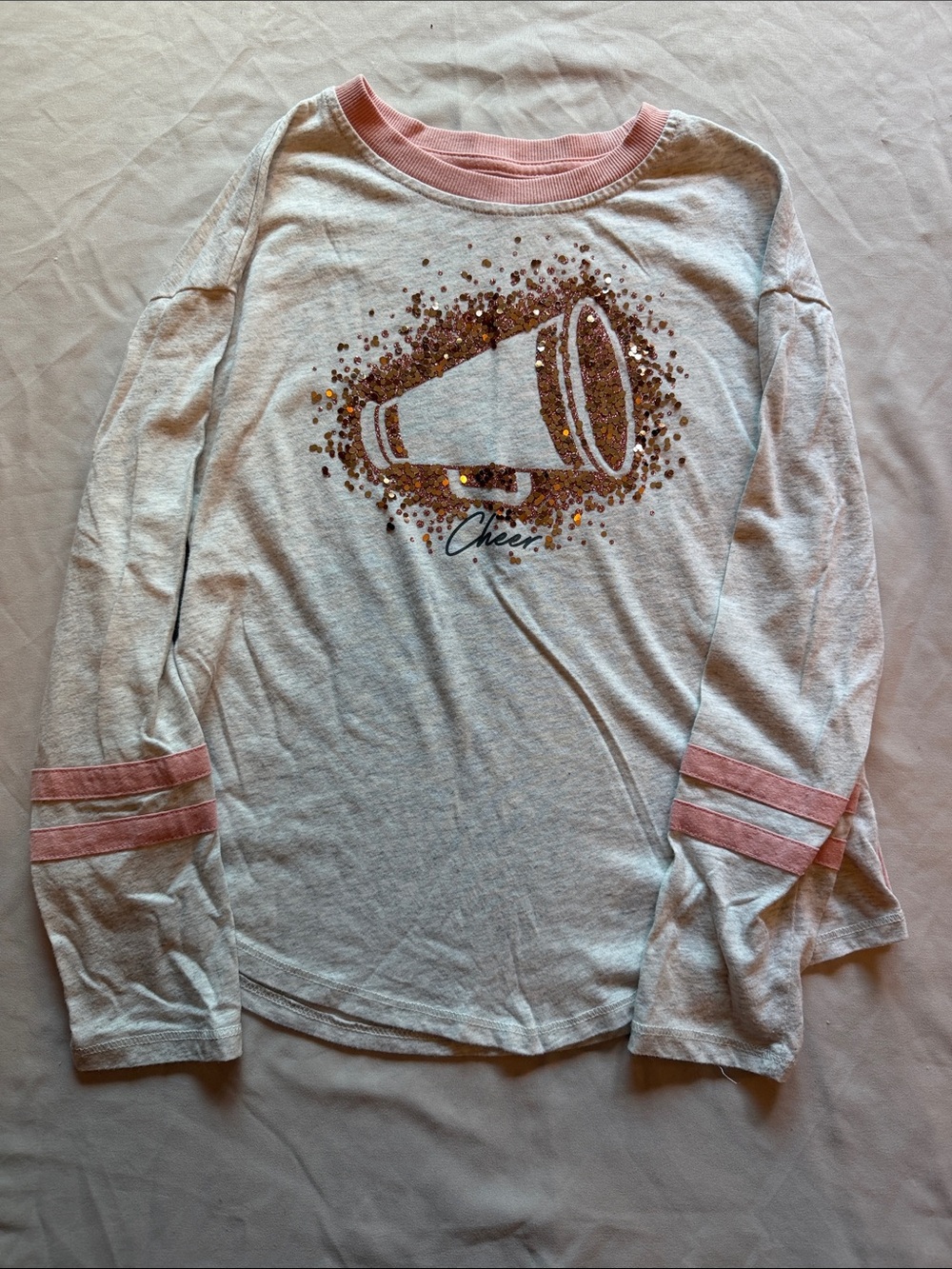 Justice Cream Long-Sleeve Tee with Pink Trim & Gold Glitter Megaphone